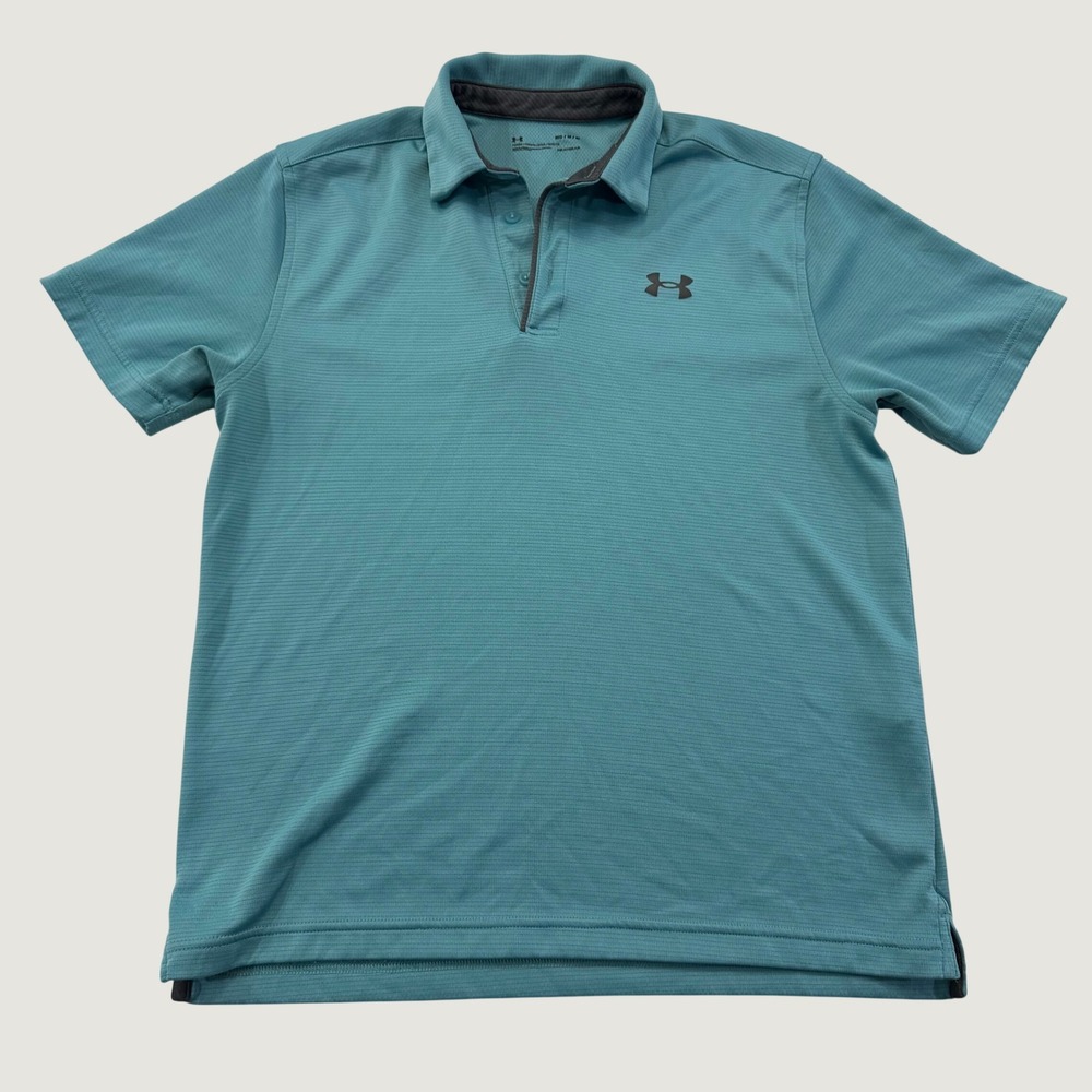 Under Armour HeatGear Polo Mens Medium Teal Blue Micro Stripe Loose Fit Golf